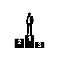 Winners business man on award pedestal icon isolated on white background