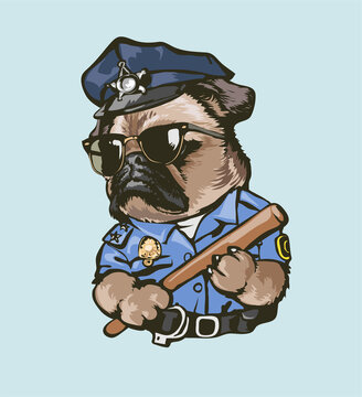 Cartoon Funny Pug Dog Police Officer Illustration