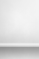 Empty shelf on a white wall. Background template. Vertical backdrop