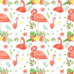 Fototapete Flamingo Watercolor flamingo seamless pattern on a white background. Hand-drawn pink tropical bird and exotic flowers endless print. Colorful flamingo and tropical plants wallpaper. Beautiful print.
