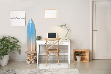 Interior of modern stylish room with surfboard and table