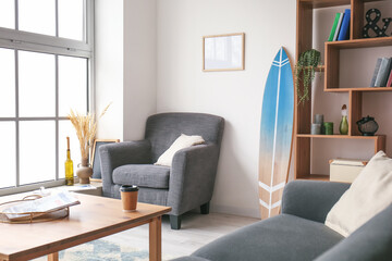 Interior of modern stylish room with surfboard