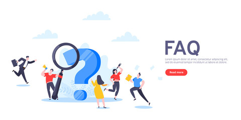 Fototapeta na wymiar Q and A or FAQ concept with tiny people characters, big question mark, frequently asked questions template. Answers business support concept flat style design vector illustration.
