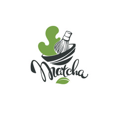 Matcha Tea label, Logo, Emblem and Tag with   Green Leaves and Lettering Composition