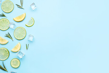 Healthy citrus fruits and ice cubes on color background