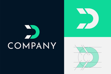 Logo Design For A Magnet Company. Letter D And Magnet Shape Are Combined. Clean And Simple. Grid system. Green and blue colors are used.
