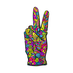 A gesture as a sign of the victory of the world. Hand drawing gloves isolated on white background. Bright vector doodles.