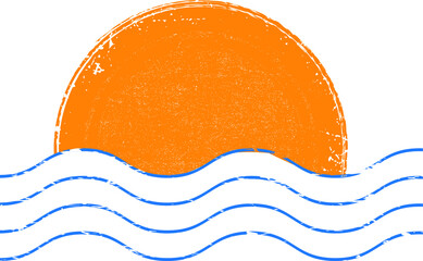 Minimal design element . Sun and blue abstract waves . Sunset logo element. Surfing icon . Brush stroke . Vector illustration. 