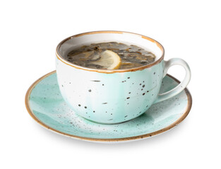 Cup of hot green tea on white background
