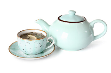 Teapot and cup of hot beverage on white background