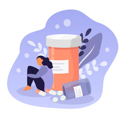 vector hand drawn illustration on the theme of medical care for mental disorders. the girl sits hugging her knees next to the pills