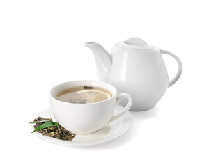 Teapot and cup of hot beverage on white background