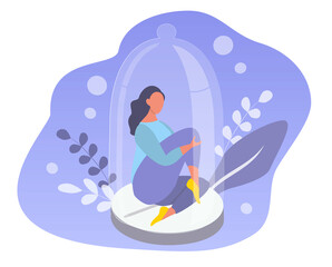 vector hand drawn illustration on the theme of medical care for mental disorders, support, mental health. a girl sits on a big pill under a glass cover