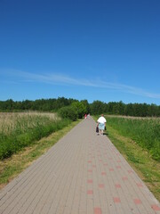 Paving stone road trail with people walking on a sunny day