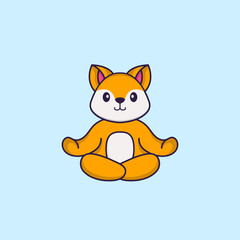Cute fox is meditating or doing yoga. Animal cartoon concept isolated. Can used for t-shirt, greeting card, invitation card or mascot. Flat Cartoon Style