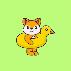Cute fox With Duck buoy. Animal cartoon concept isolated. Can used for t-shirt, greeting card, invitation card or mascot. Flat Cartoon Style