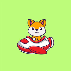 Cute fox flying on a plane. Animal cartoon concept isolated. Can used for t-shirt, greeting card, invitation card or mascot. Flat Cartoon Style