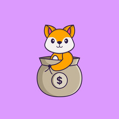 Cute fox in a money bag. Animal cartoon concept isolated. Can used for t-shirt, greeting card, invitation card or mascot. Flat Cartoon Style
