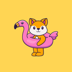 Cute fox With flamingo buoy. Animal cartoon concept isolated. Can used for t-shirt, greeting card, invitation card or mascot. Flat Cartoon Style
