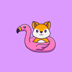 Cute fox With flamingo buoy. Animal cartoon concept isolated. Can used for t-shirt, greeting card, invitation card or mascot. Flat Cartoon Style