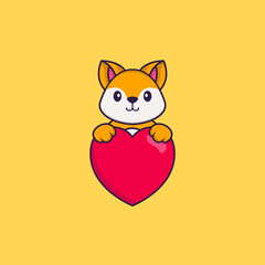 Cute fox holding a big red heart. Animal cartoon concept isolated. Can used for t-shirt, greeting card, invitation card or mascot. Flat Cartoon Style