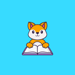 Cute fox reading a book. Animal cartoon concept isolated. Can used for t-shirt, greeting card, invitation card or mascot. Flat Cartoon Style