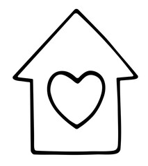 A cute doodle home with a heart. House icon. Hand drawn vector illustration for greeting cards, posters, stickers and professional design. Black outlines isolated on a white background. 