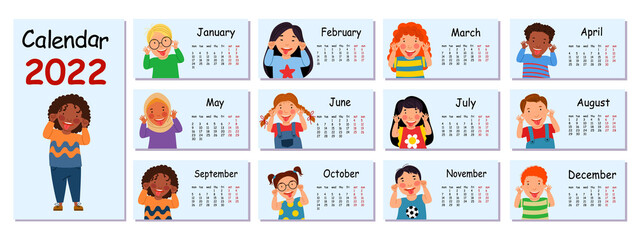 Fototapeta premium Horizontal vector calendar design template for 2022, flat design. A bright Children is Calendar for 2022 for a home with funny children. The Week Starts On Monday.