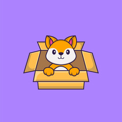 Cute fox Playing In Box. Animal cartoon concept isolated. Can used for t-shirt, greeting card, invitation card or mascot. Flat Cartoon Style