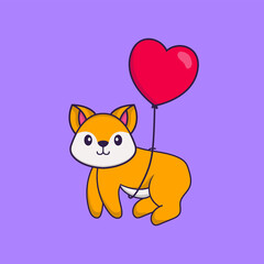 Cute fox flying with love shaped balloons. Animal cartoon concept isolated. Can used for t-shirt, greeting card, invitation card or mascot. Flat Cartoon Style