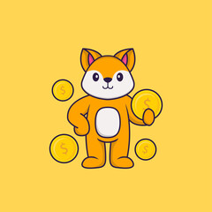 Cute fox holding coin. Animal cartoon concept isolated. Can used for t-shirt, greeting card, invitation card or mascot. Flat Cartoon Style