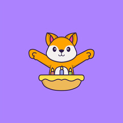 Cute fox with birthday cake. Animal cartoon concept isolated. Can used for t-shirt, greeting card, invitation card or mascot. Flat Cartoon Style