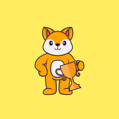 Cute fox holding gold trophy. Animal cartoon concept isolated. Can used for t-shirt, greeting card, invitation card or mascot. Flat Cartoon Style