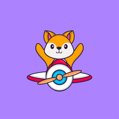 Cute fox flying on a plane. Animal cartoon concept isolated. Can used for t-shirt, greeting card, invitation card or mascot. Flat Cartoon Style
