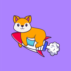 Cute fox flying on rocket. Animal cartoon concept isolated. Can used for t-shirt, greeting card, invitation card or mascot. Flat Cartoon Style