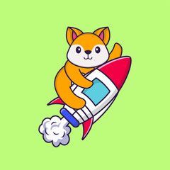 Cute fox flying on rocket. Animal cartoon concept isolated. Can used for t-shirt, greeting card, invitation card or mascot. Flat Cartoon Style