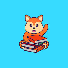 Cute fox reading a book. Animal cartoon concept isolated. Can used for t-shirt, greeting card, invitation card or mascot. flat cartoon style