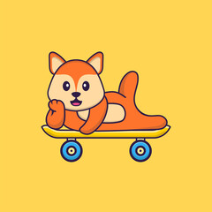 Cute fox lying on a skateboard. Animal cartoon concept isolated. Can used for t-shirt, greeting card, invitation card or mascot. Flat Cartoon Style