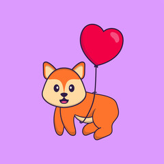 Cute fox flying with love shaped balloons. Animal cartoon concept isolated. Can used for t-shirt, greeting card, invitation card or mascot. Flat Cartoon Style