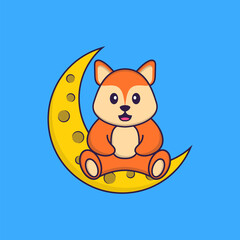 Cute fox is sitting on the moon. Animal cartoon concept isolated. Can used for t-shirt, greeting card, invitation card or mascot. Flat Cartoon Style