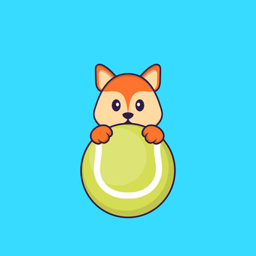 Cute fox playing tennis. Animal cartoon concept isolated. Can used for t-shirt, greeting card, invitation card or mascot. Flat Cartoon Style