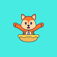 Cute fox with birthday cake. Animal cartoon concept isolated. Can used for t-shirt, greeting card, invitation card or mascot. Flat Cartoon Style
