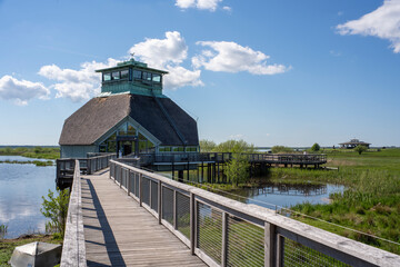 Fototapeta premium Hornborgasjon Bird watching visitor centre with wooden boardwalk