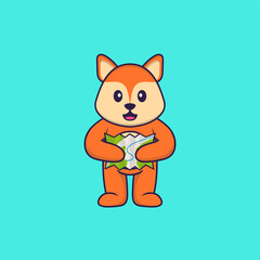 Cute fox holding a map. Animal cartoon concept isolated. Can used for t-shirt, greeting card, invitation card or mascot. Flat Cartoon Style