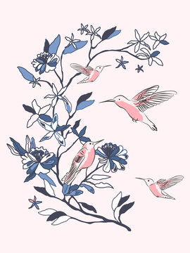 Birds near the branch with flowers. Vector illustration