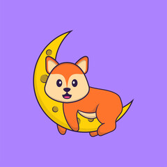 Cute fox is on the moon. Animal cartoon concept isolated. Can used for t-shirt, greeting card, invitation card or mascot. Flat Cartoon Style