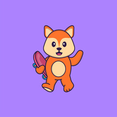 Cute fox holding a skateboard. Animal cartoon concept isolated. Can used for t-shirt, greeting card, invitation card or mascot. Flat Cartoon Style