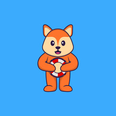 Cute fox holding a buoy. Animal cartoon concept isolated. Can used for t-shirt, greeting card, invitation card or mascot. Flat Cartoon Style