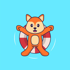 Cute fox is Swimming with a buoy. Animal cartoon concept isolated. Can used for t-shirt, greeting card, invitation card or mascot. Flat Cartoon Style
