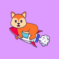 Fototapeta premium Cute fox flying on rocket. Animal cartoon concept isolated. Can used for t-shirt, greeting card, invitation card or mascot. Flat Cartoon Style